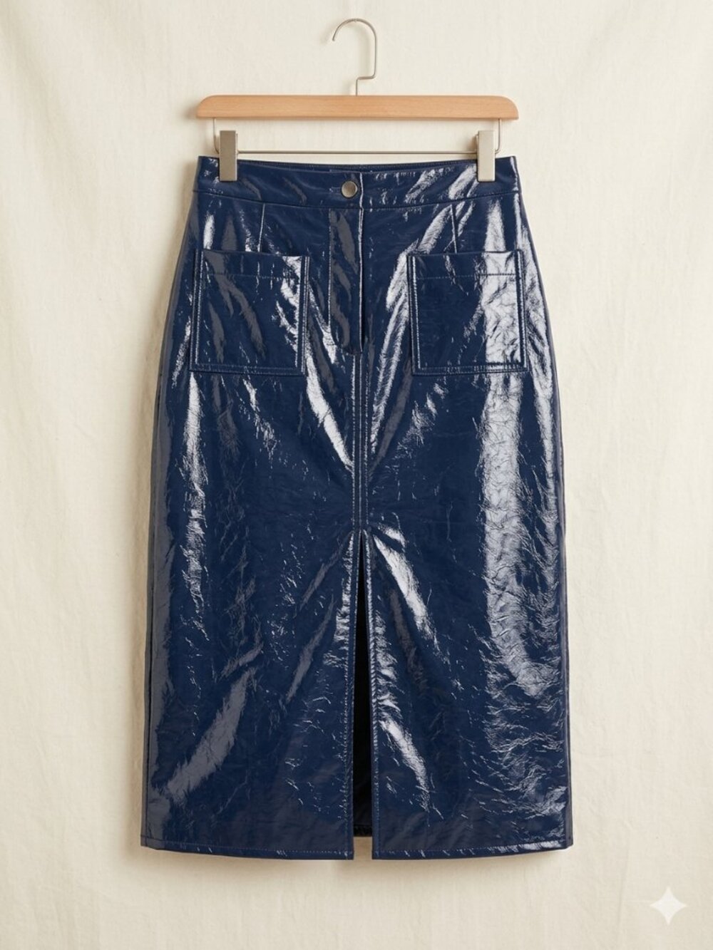J. Crew Faux Leather Midi Pencil Skirt Navy Blue Size 10 Slit Pockets